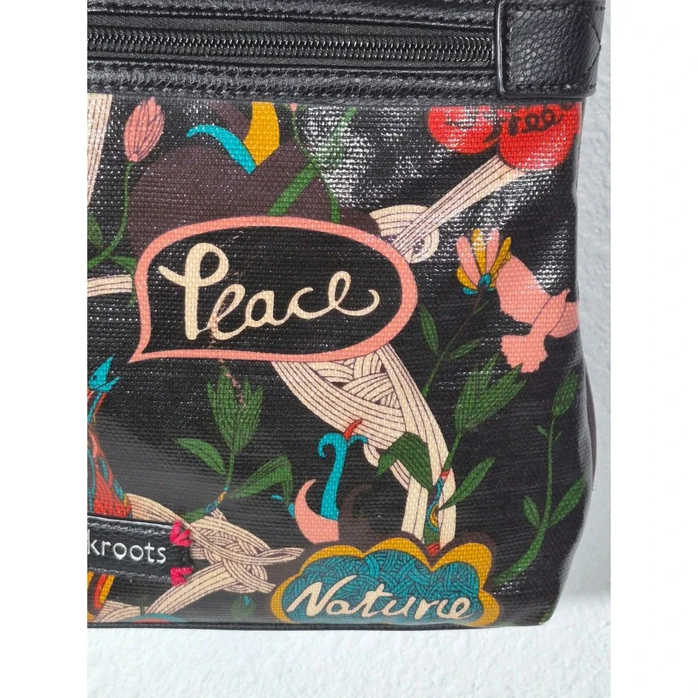 Sakroots Artist Circle Crossbody Bag Black Peace Nature Bird Print Coated Canvas
